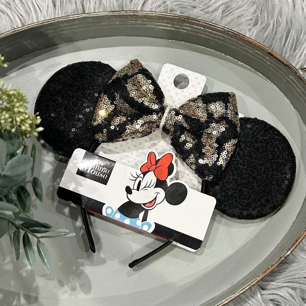 DISNEY Girl's Minnie Mouse Black & Gold Bow Headband with Sequin Ears